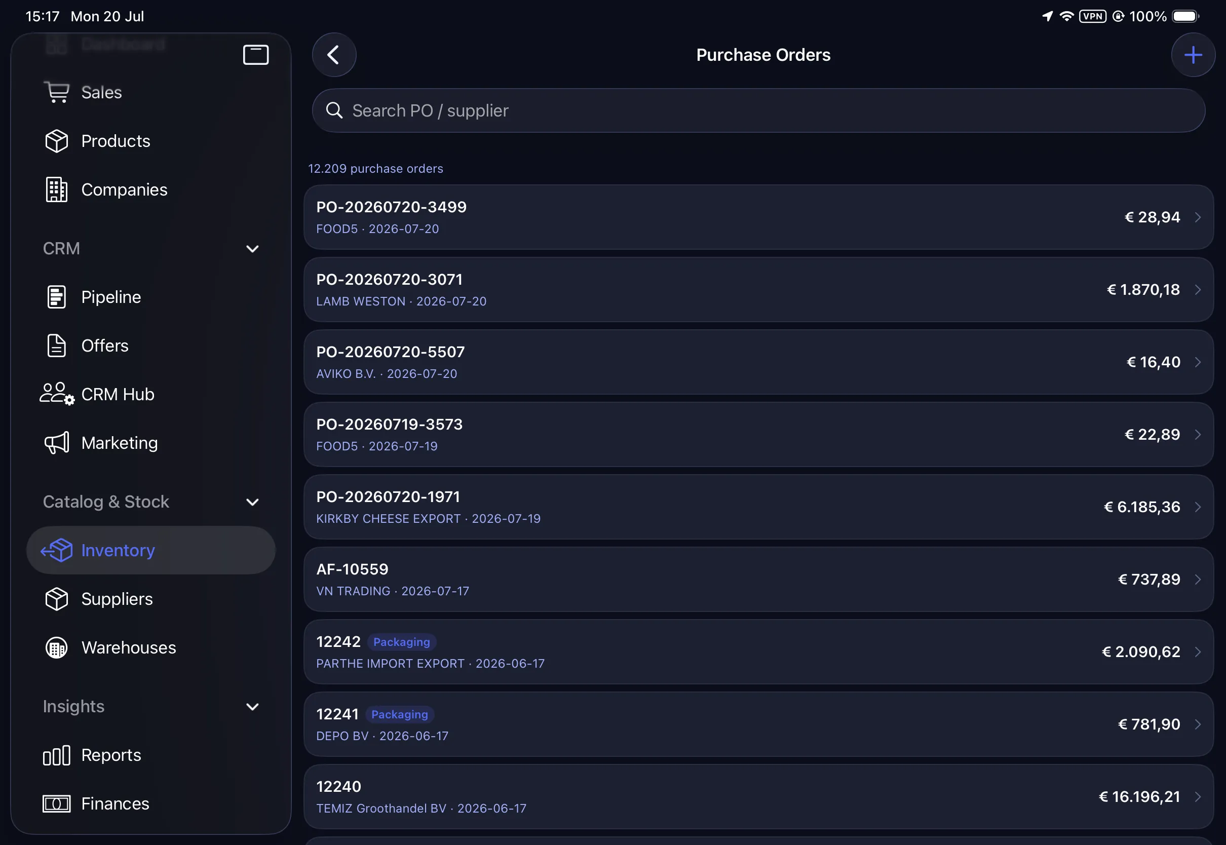 A list of purchase orders by number, supplier and date.
