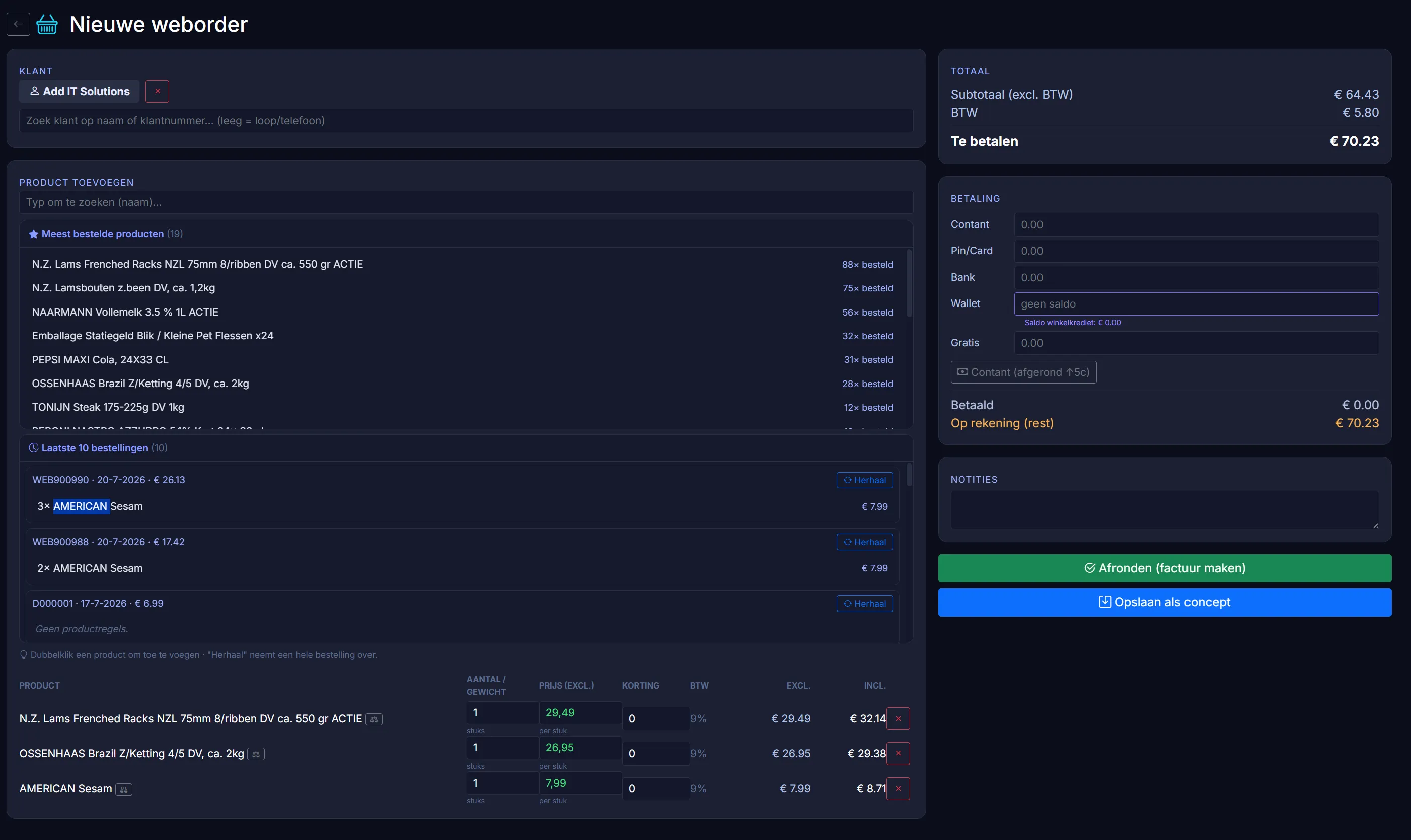 The new web-order builder: customer attached, most-ordered products, last 10 orders and live totals.